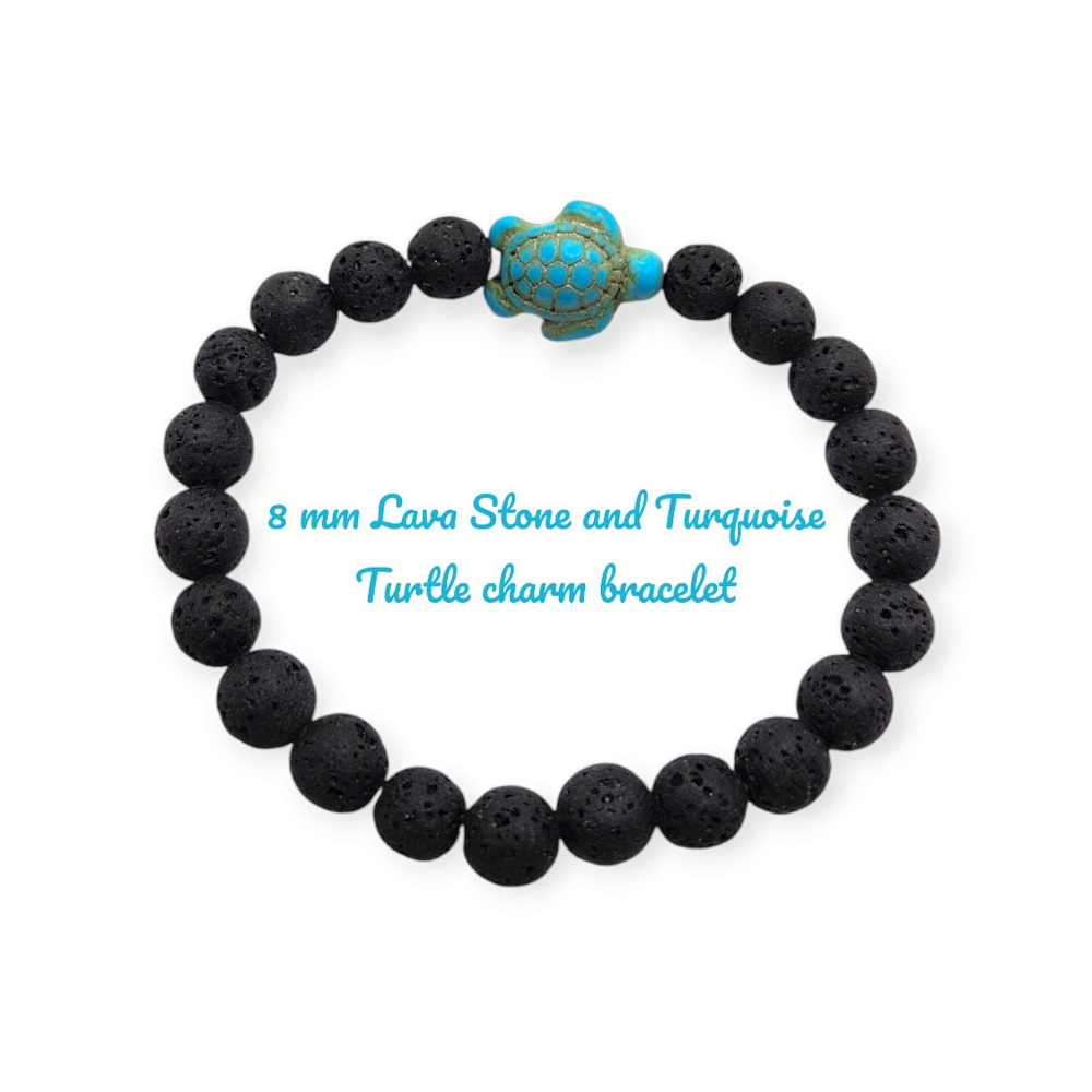 8 mm Lava Stone Turquoise Turtle charm bracelet
